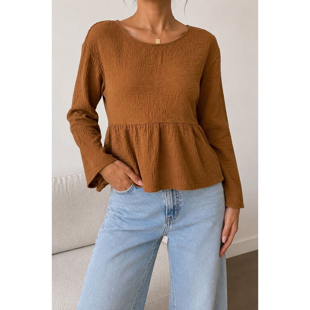 Madewell Brown Textured Peplum Top XS Lace Up Back Boho Blouse